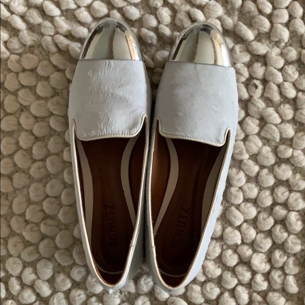 Schutz Silver Tip White Calf Hair Loafers